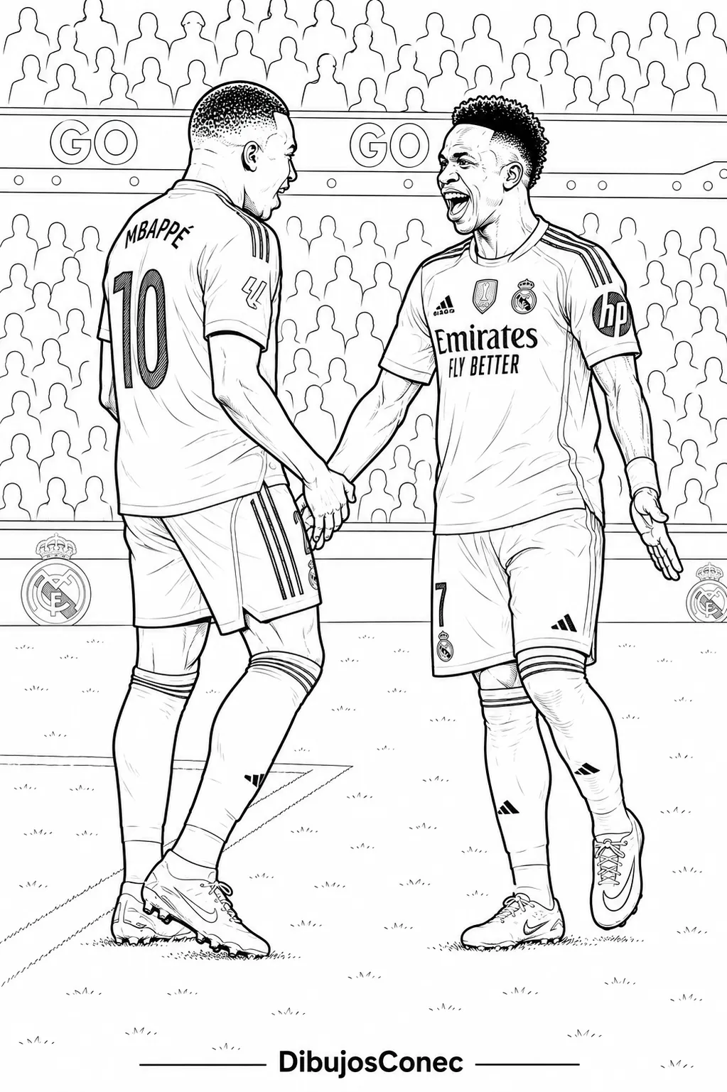 Ver dibujo completo de Mbappé y Vinicius Jr Celebrando en el Real Madrid para colorear Mbappé y Vinicius Jr Celebrando en el Real Madrid para colorear - Dibujo de Kylian Mbappé para imprimir gratis