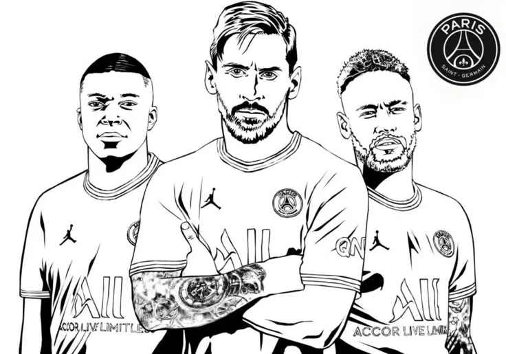 Dibujo relacionado de Messi, Neymar y Mbappé para colorear