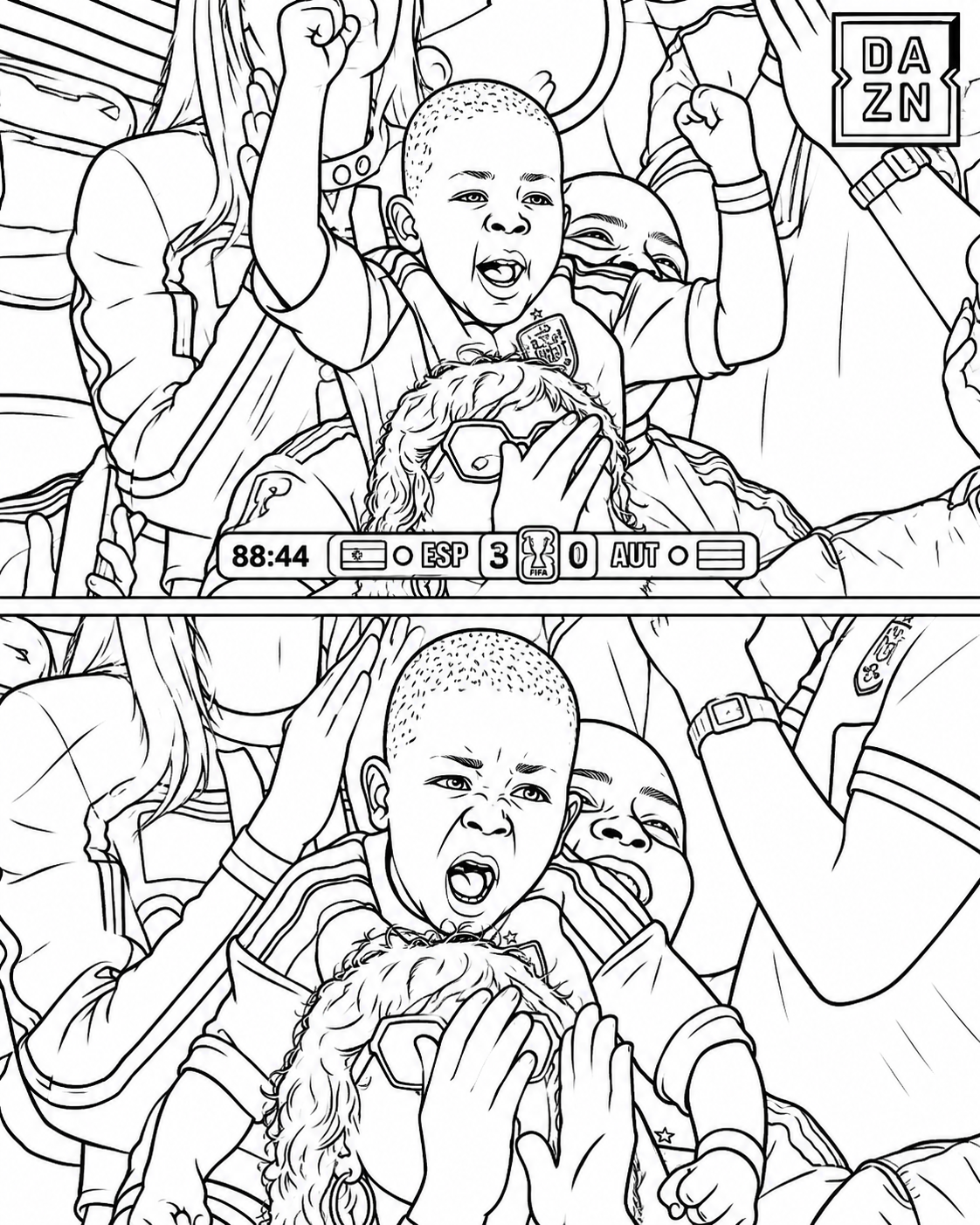 Ver dibujo completo de Keyne y Lamine Yamal Celebrando con España para colorear Dibujo de Keyne y Lamine Yamal Celebrando con España para colorear e imprimir gratis - Plantilla en alta calidad