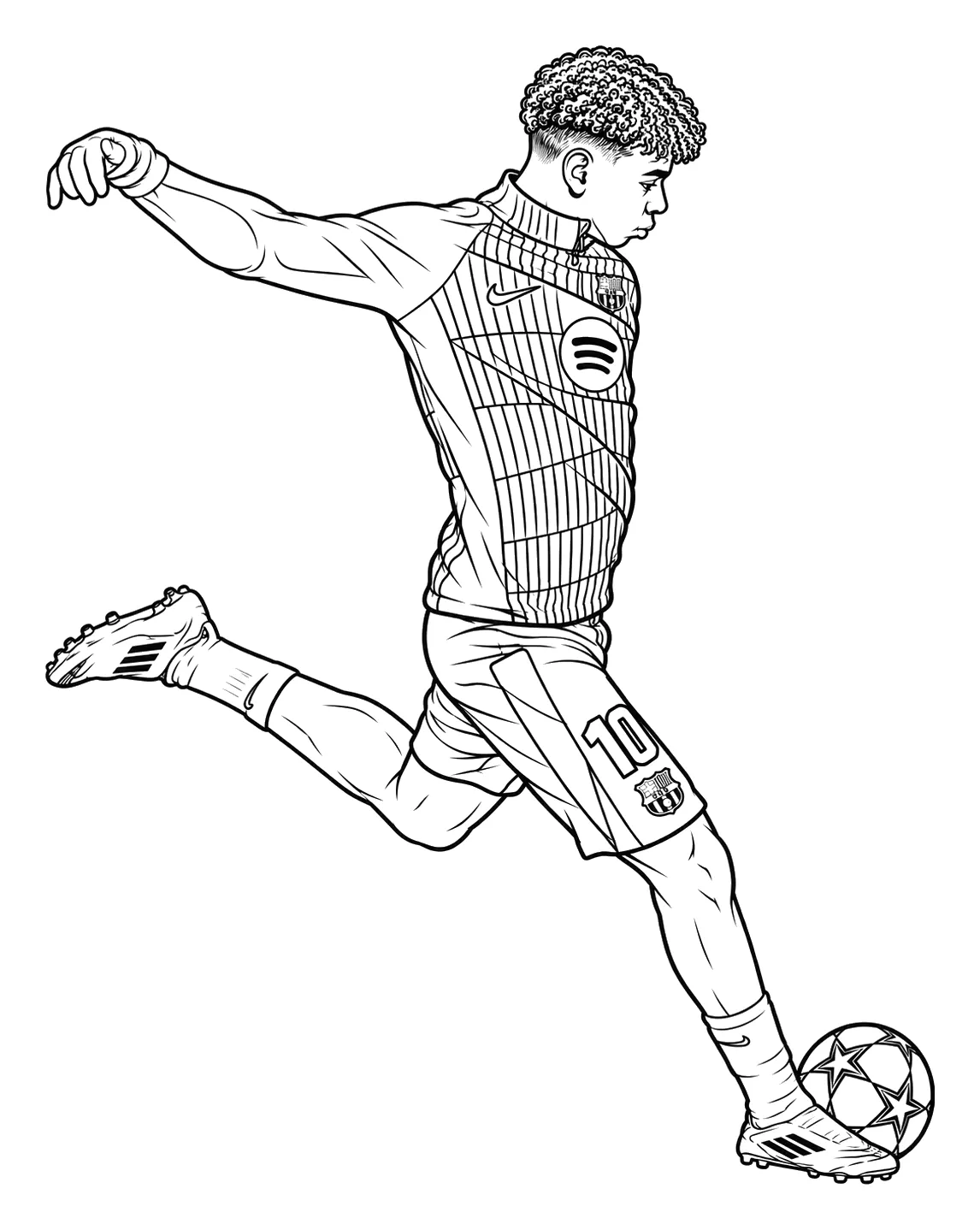 Lamine Yamal Chutando el Balón de la Champions con el 10 del Barça para colorear e imprimir Lamine Yamal Chutando el Balón de la Champions con el 10 del Barça para colorear: Lamine aparece de perfil y en pleno golpeo: el brazo izquierdo estirado hacia atrás para equilibrarse, una pierna doblada en el aire y la otra a punto de impactar el…
