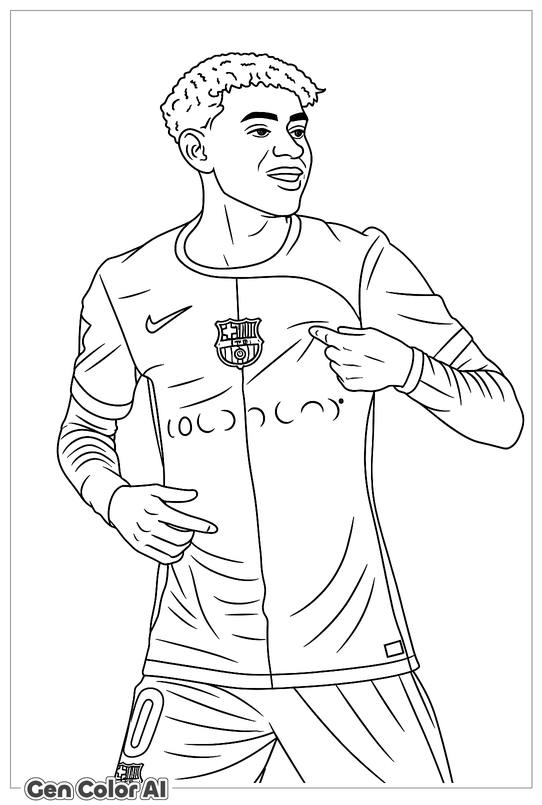 Lamine Yamal para colorear - Lamine Yamal con escudo del Barça - Dibujo para imprimir gratis