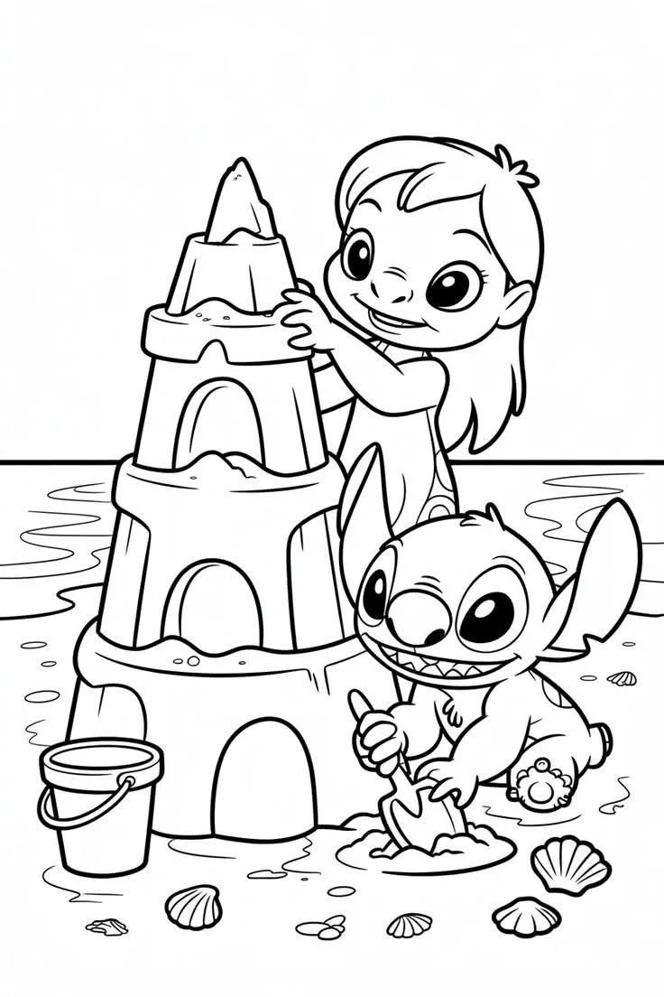 Dibujo relacionado de Lilo y Stitch Haciendo un Castillo de Arena para colorear