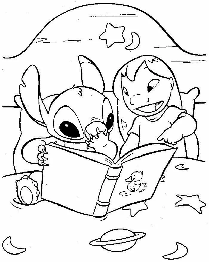 Dibujo relacionado de Lilo y Stitch Leyendo un Libro para colorear