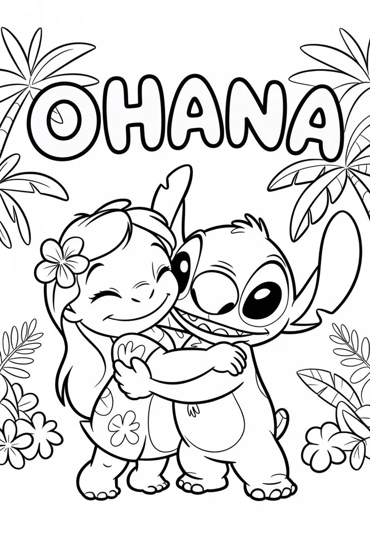 Dibujo relacionado de Lilo y Stitch Abrazo Ohana para colorear