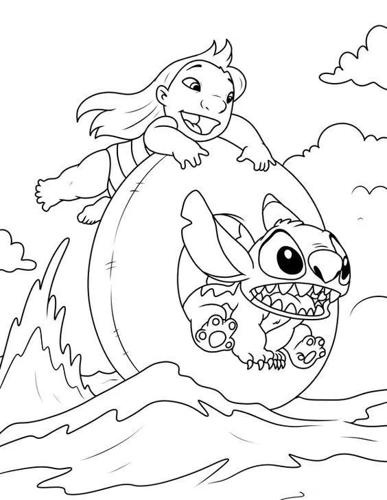 Dibujo relacionado de Lilo y Stitch Surfeando una Ola para colorear