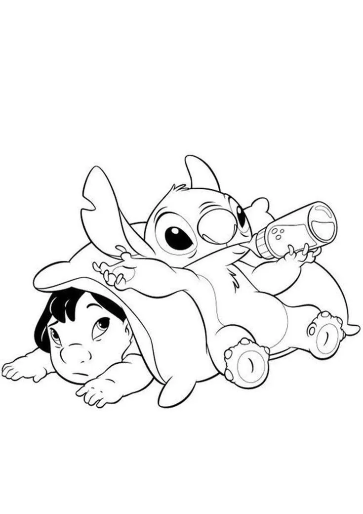 Dibujo relacionado de Lilo y Stitch Tumbados con Biberon para colorear