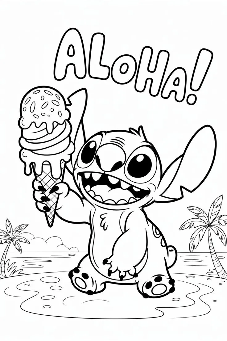 Ver dibujo completo de Stitch con Helado en la Playa Aloha para colorear Dibujo de Stitch con Helado en la Playa Aloha para colorear e imprimir gratis - Plantilla en alta calidad