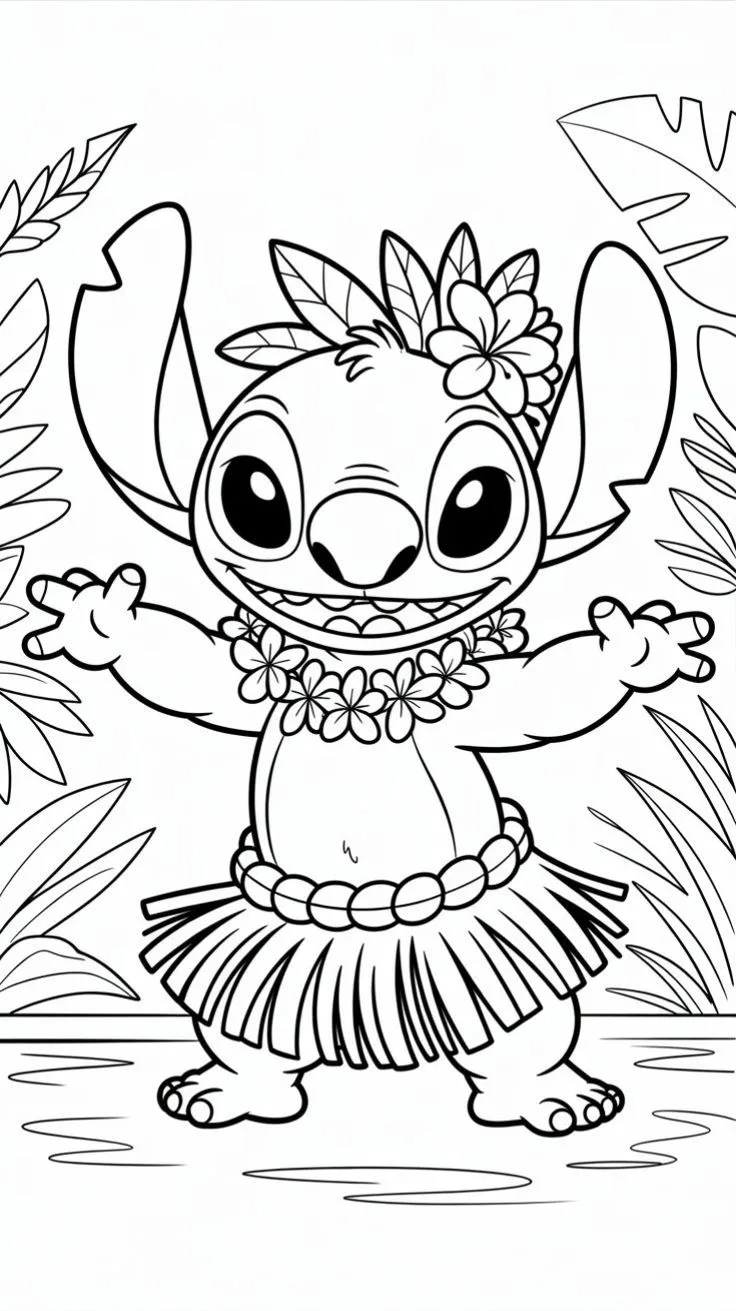 Ver dibujo completo de Stitch Bailando Hula para colorear Dibujo de Stitch Bailando Hula para colorear e imprimir gratis - Plantilla en alta calidad