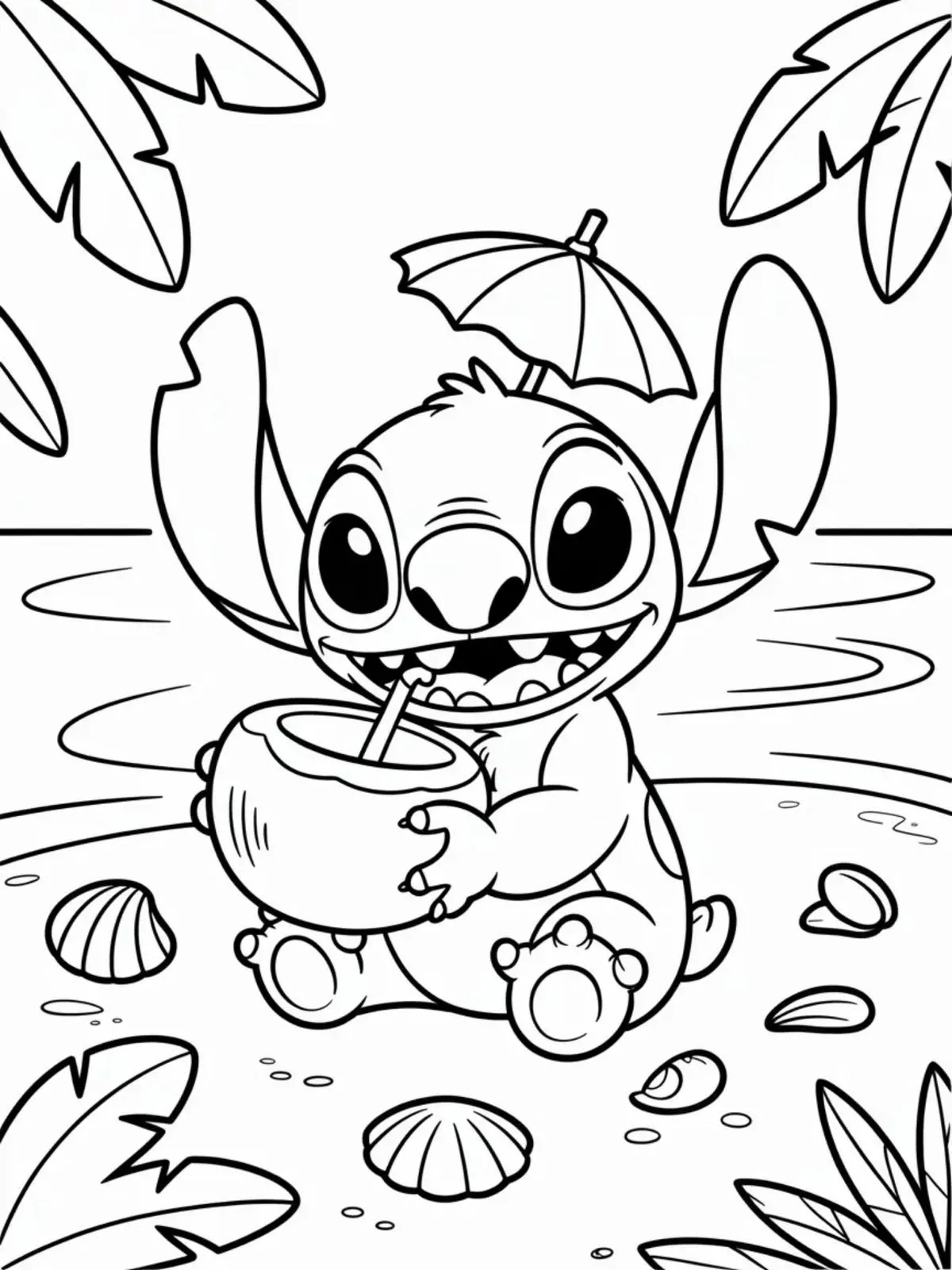 Ver dibujo completo de Stitch Bebiendo Coco en la Playa para colorear Dibujo de Stitch Bebiendo Coco en la Playa para colorear e imprimir gratis - Plantilla en alta calidad