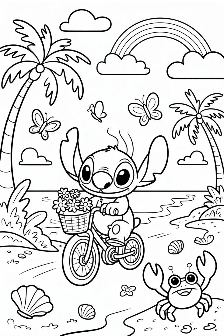 Ver dibujo completo de Stitch en Bicicleta por la Playa para colorear Dibujo de Stitch en Bicicleta por la Playa para colorear e imprimir gratis - Plantilla en alta calidad