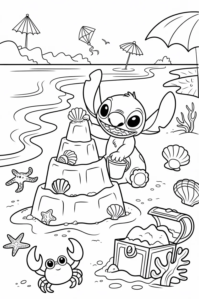 Ver dibujo completo de Stitch Construyendo un Castillo de Arena para colorear Dibujo de Stitch Construyendo un Castillo de Arena para colorear e imprimir gratis - Plantilla en alta calidad
