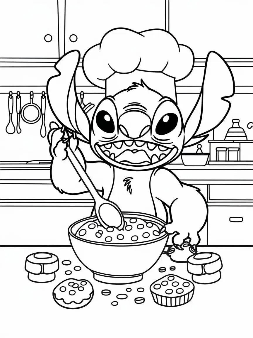 Ver dibujo completo de Stitch Cocinero Haciendo Galletas para colorear Dibujo de Stitch Cocinero Haciendo Galletas para colorear e imprimir gratis - Plantilla en alta calidad