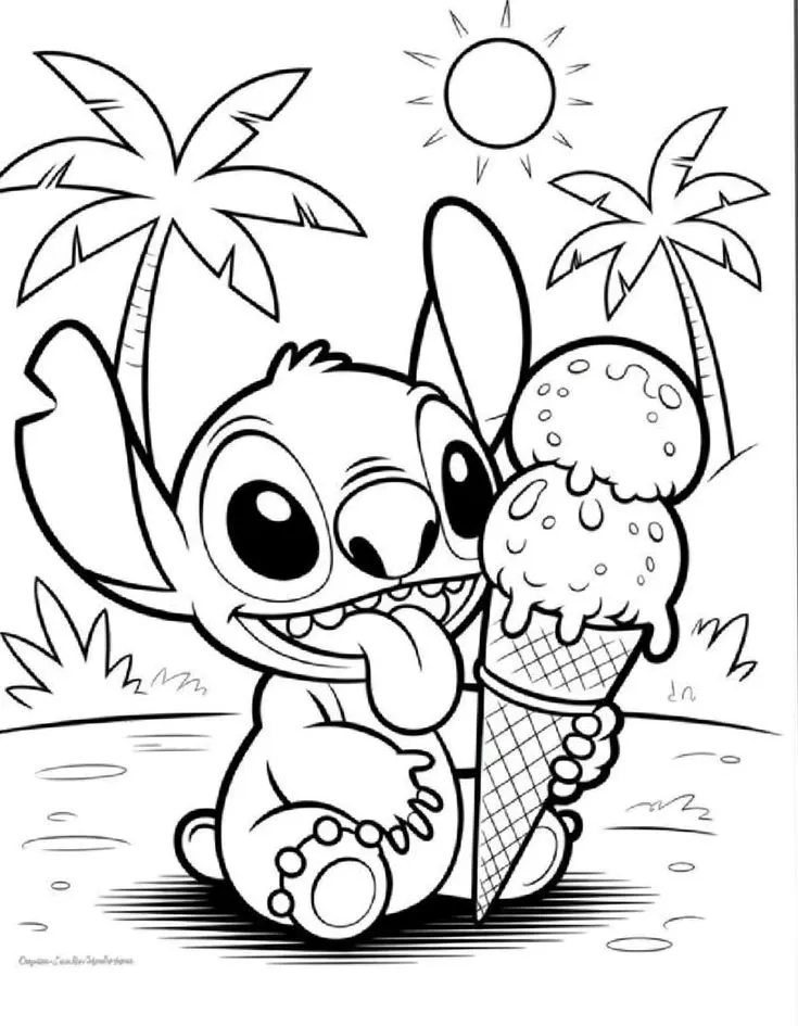 Ver dibujo completo de Stitch Comiendo Helado en la Playa para colorear Dibujo de Stitch Comiendo Helado en la Playa para colorear e imprimir gratis - Plantilla en alta calidad