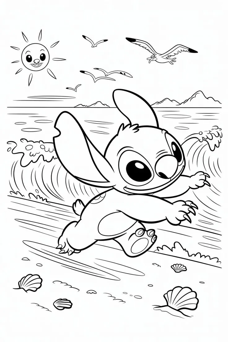 Ver dibujo completo de Stitch Corriendo por la Playa para colorear Dibujo de Stitch Corriendo por la Playa para colorear e imprimir gratis - Plantilla en alta calidad