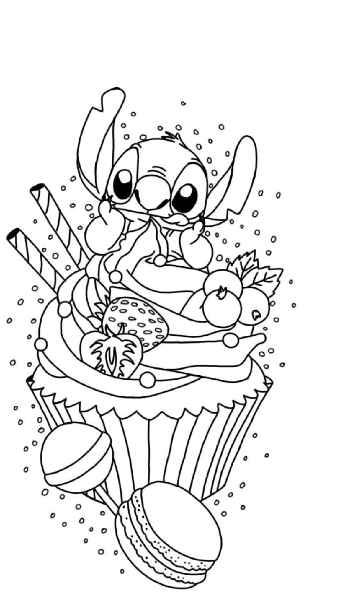 Ver dibujo completo de Stitch con Cupcake de Frutas para colorear Dibujo de Stitch con Cupcake de Frutas para colorear e imprimir gratis - Plantilla en alta calidad
