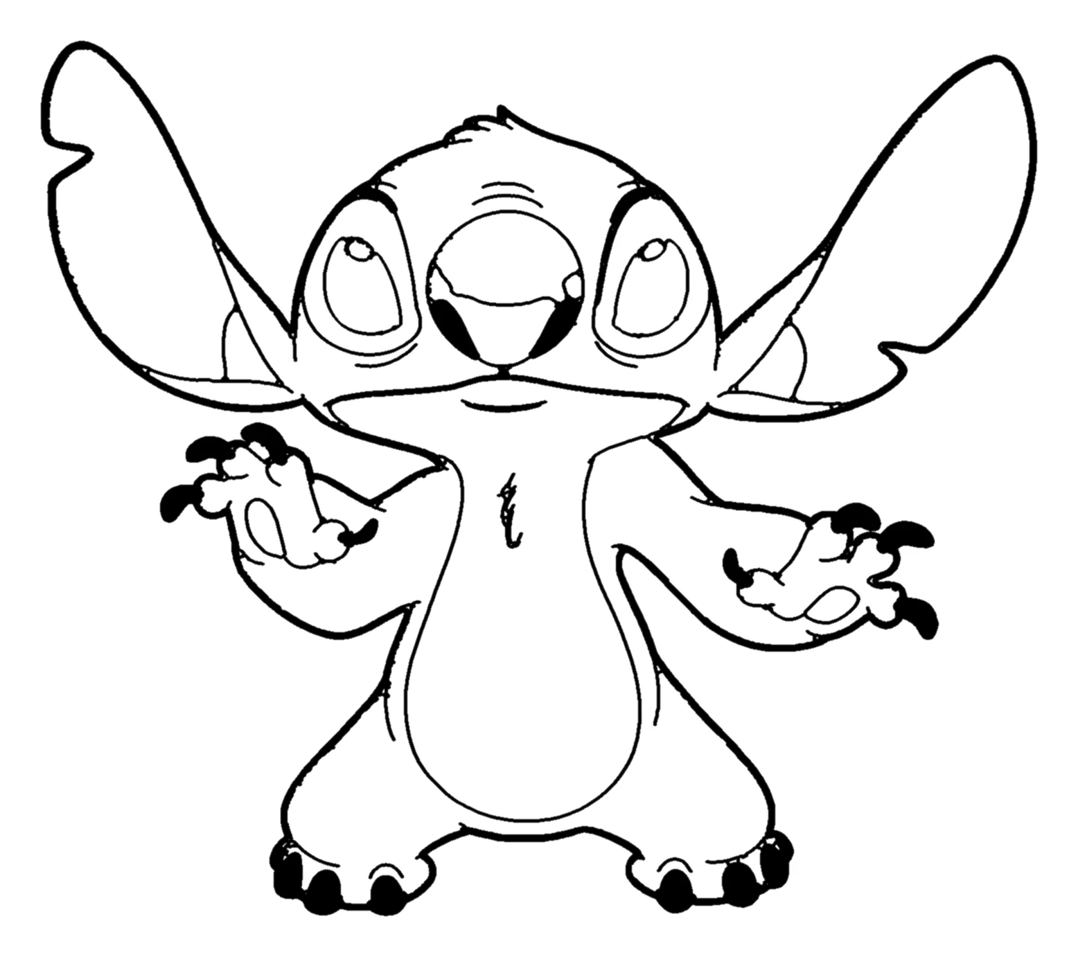 Stitch de Pie con las Orejas Abiertas para colorear e imprimir Stitch de Pie con las Orejas Abiertas para colorear - Lilo y Stitch: Stitch, de frente y con las piernas separadas, abre al máximo sus dos orejas enormes y separa los brazos con las garras afiladas hacia fuera
