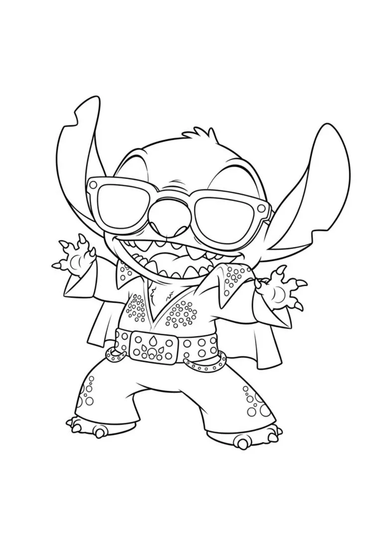 Ver dibujo completo de Stitch Disfrazado de Elvis con Gafas de Sol para colorear Dibujo de Stitch Disfrazado de Elvis con Gafas de Sol para colorear e imprimir gratis - Plantilla en alta calidad