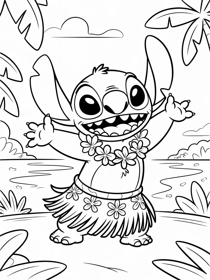 Ver dibujo completo de Stitch con Collar de Flores Bailando Hula para colorear Dibujo de Stitch con Collar de Flores Bailando Hula para colorear e imprimir gratis - Plantilla en alta calidad