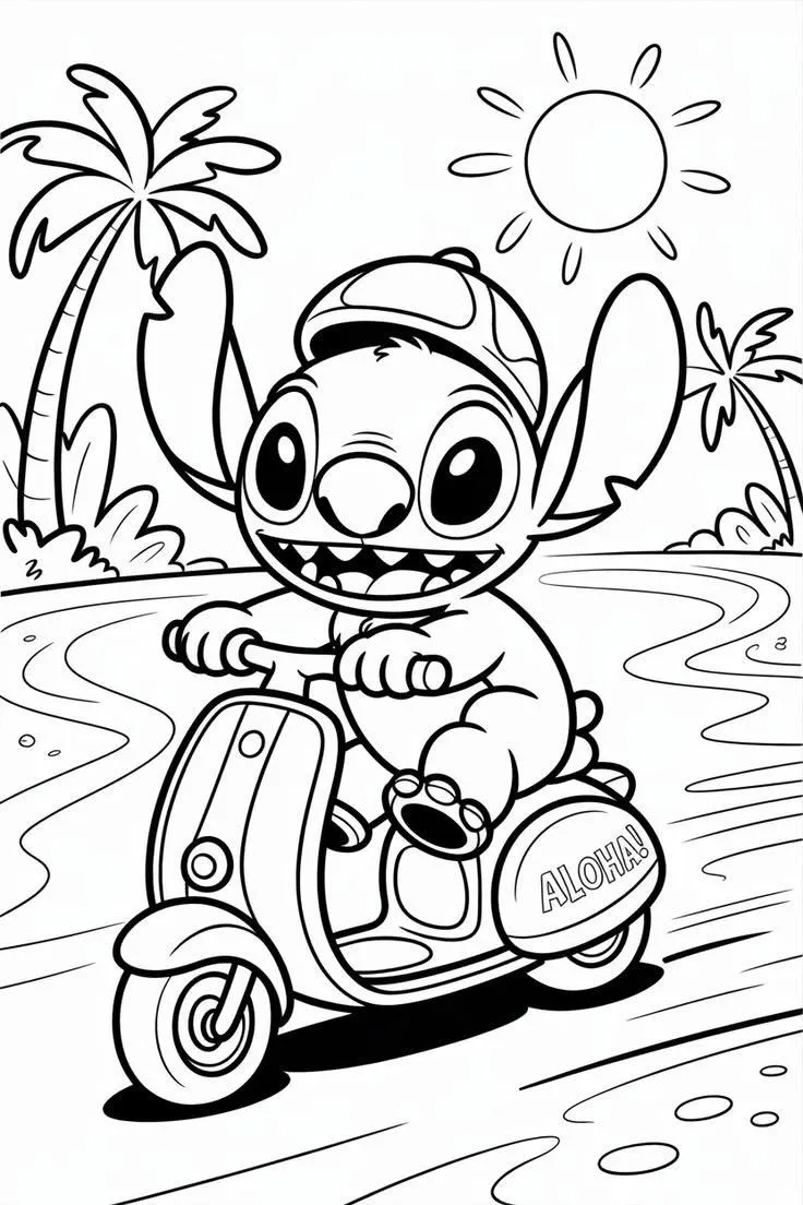 Ver dibujo completo de Stitch en Moto Aloha para colorear Dibujo de Stitch en Moto Aloha para colorear e imprimir gratis - Plantilla en alta calidad