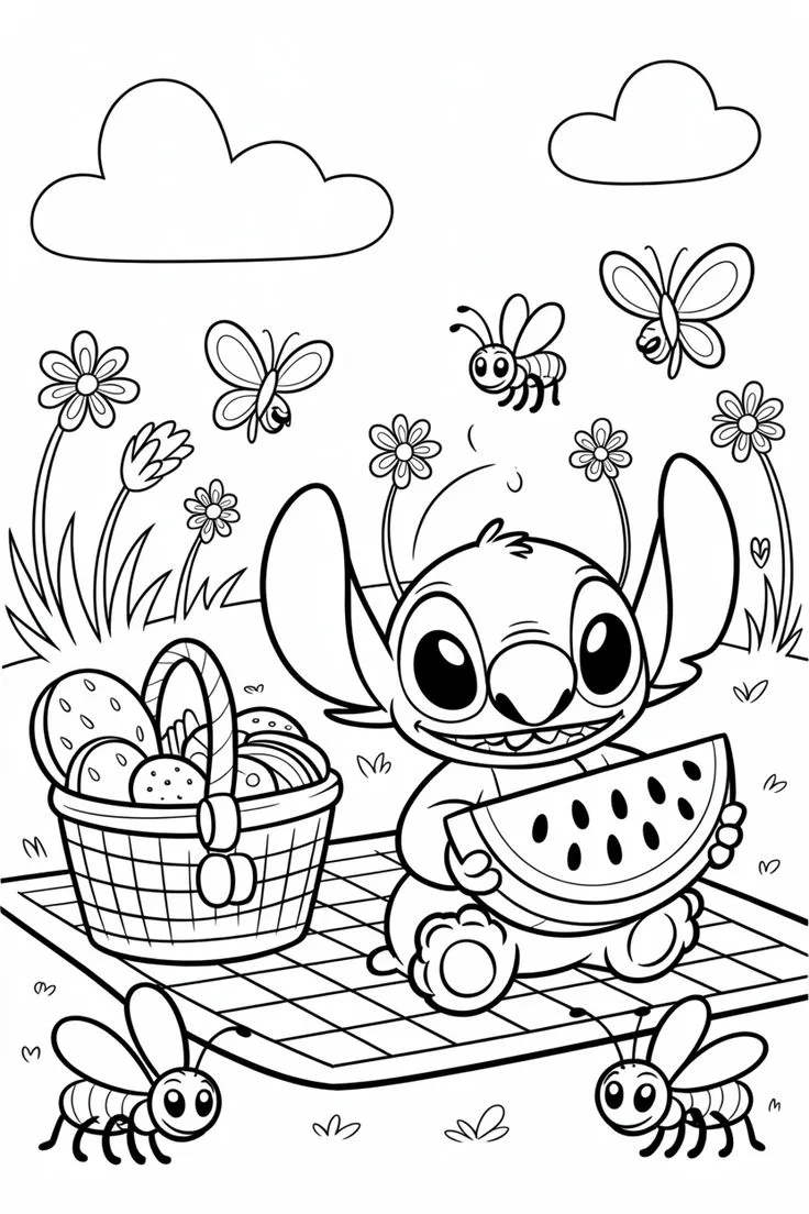 Ver dibujo completo de Stitch de Picnic con Sandia para colorear Dibujo de Stitch de Picnic con Sandia para colorear e imprimir gratis - Plantilla en alta calidad