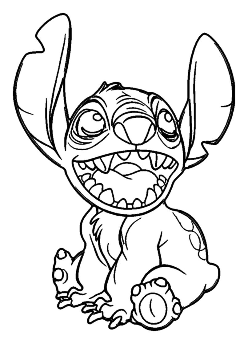 Stitch Sentado con la Boca Abierta para colorear e imprimir Stitch Sentado con la Boca Abierta para colorear - Lilo y Stitch: Stitch sentado en el suelo, de tres cuartos, riéndose con la boca abierta de par en par: se le ven los colmillos de arriba, la fila de dientes de abajo y la lengua