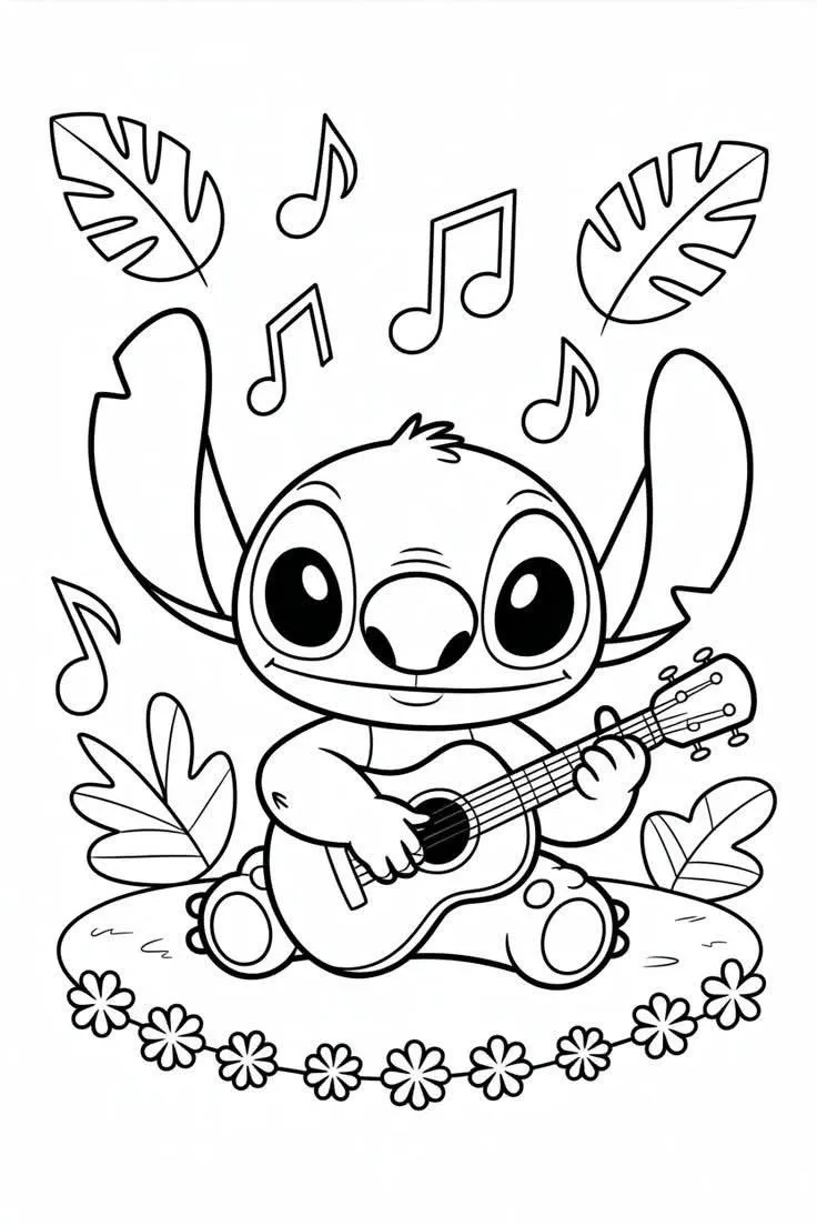 Ver dibujo completo de Stitch Tocando el Ukelele para colorear Dibujo de Stitch Tocando el Ukelele para colorear e imprimir gratis - Plantilla en alta calidad