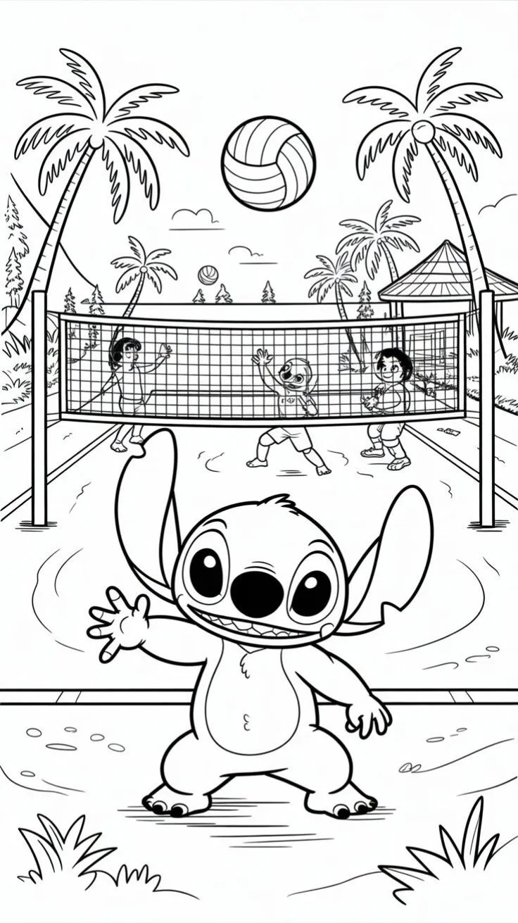 Ver dibujo completo de Stitch Jugando Voley Playa para colorear Dibujo de Stitch Jugando Voley Playa para colorear e imprimir gratis - Plantilla en alta calidad