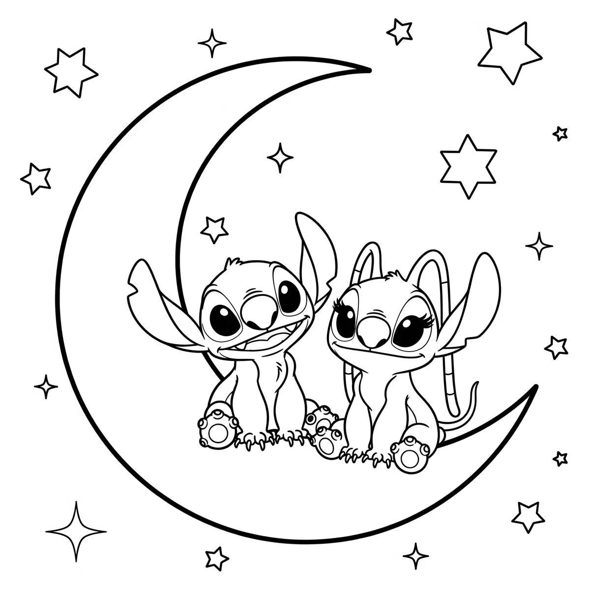 Ver dibujo completo de Stitch y Angel bajo la Luna y las Estrellas para colorear Dibujo de Stitch y Angel bajo la Luna y las Estrellas para colorear e imprimir gratis - Plantilla en alta calidad