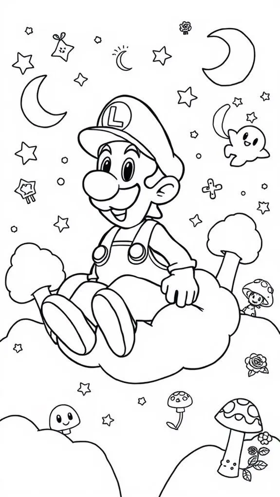 Ver dibujo completo de Luigi Sentado en Nube para colorear Dibujo de Luigi Sentado en Nube para colorear e imprimir gratis - Plantilla en alta calidad