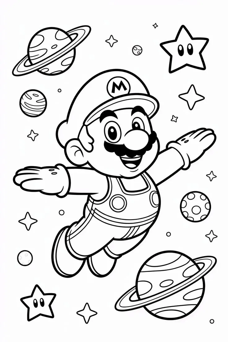 Ver dibujo completo de Mario en el Espacio para colorear Dibujo de Mario en el Espacio para colorear e imprimir gratis - Plantilla en alta calidad