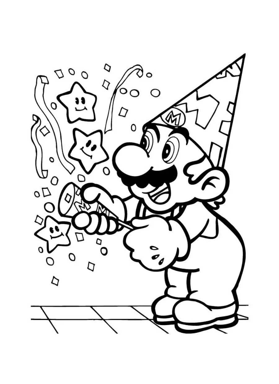 Mario de Fiesta para colorear HD fácil y bonito - Descarga e imprime gratis - Dibujo exclusivo de Mario Bros