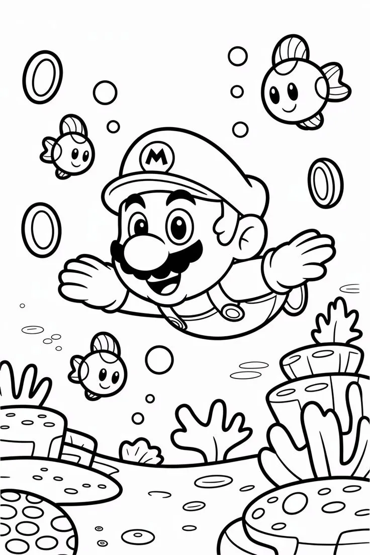 Ver dibujo completo de Mario Nadando con Cheep Cheeps para colorear Dibujo de Mario Nadando con Cheep Cheeps para colorear e imprimir gratis - Plantilla en alta calidad