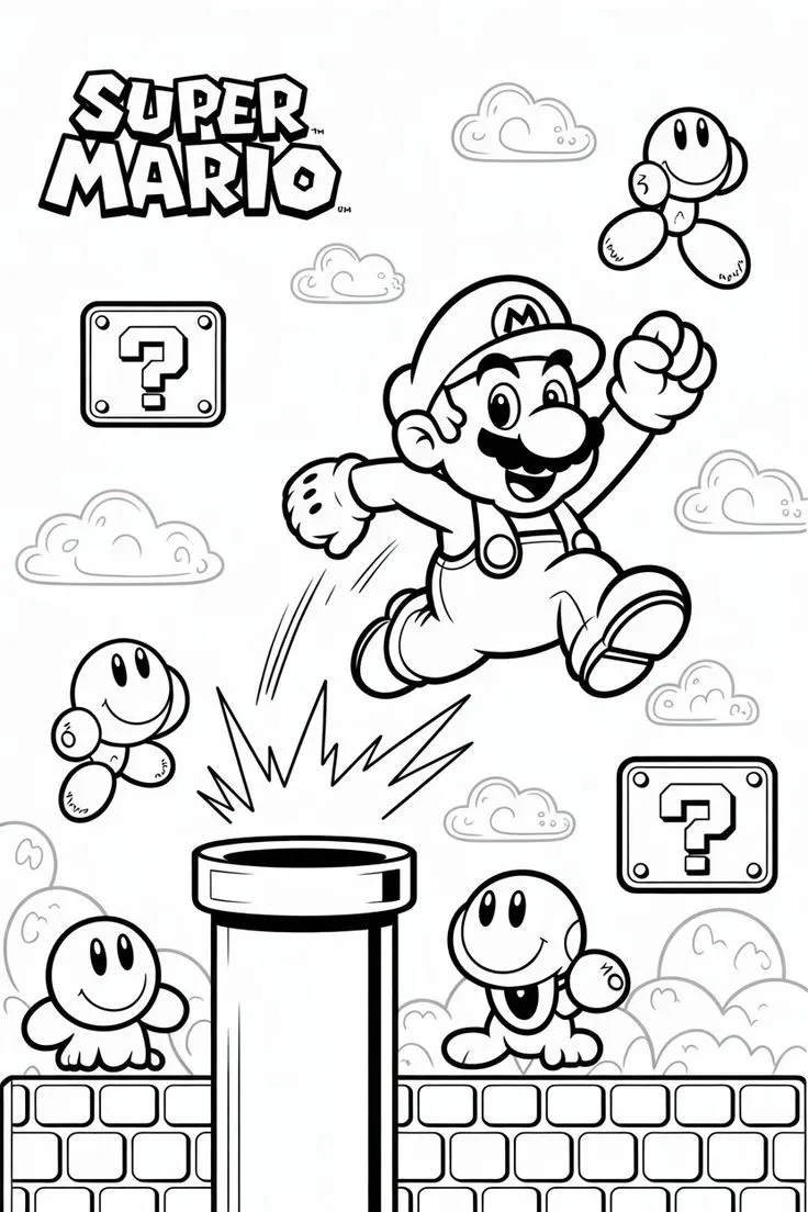 Ver dibujo completo de Mario Saltando sobre Tubería para colorear Dibujo de Mario Saltando sobre Tubería para colorear e imprimir gratis - Plantilla en alta calidad