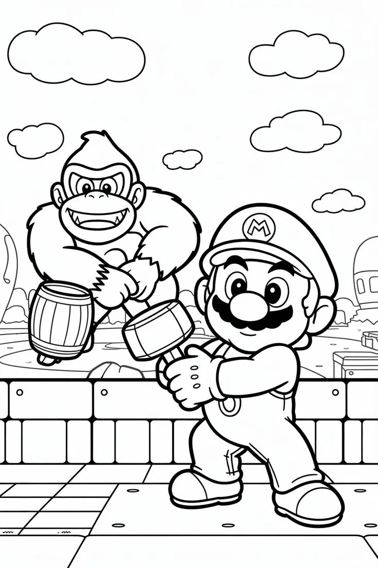 Ver dibujo completo de Mario y Donkey Kong con Barriles para colorear Dibujo de Mario y Donkey Kong con Barriles para colorear e imprimir gratis - Plantilla en alta calidad