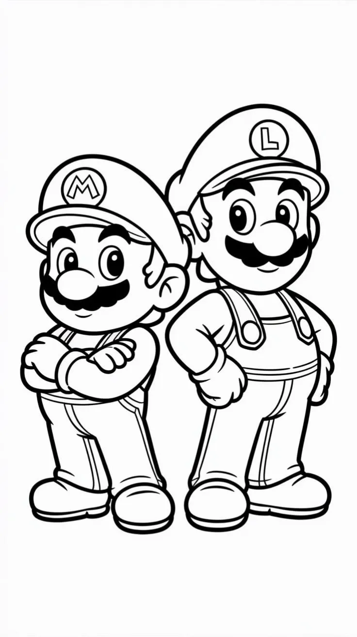 Ver dibujo completo de Mario y Luigi Juntos de Pie para colorear Dibujo de Mario y Luigi Juntos de Pie para colorear e imprimir gratis - Plantilla en alta calidad