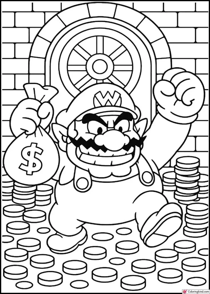 Ver dibujo completo de Wario con Bolsa de Monedas para colorear Dibujo de Wario con Bolsa de Monedas para colorear e imprimir gratis - Plantilla en alta calidad