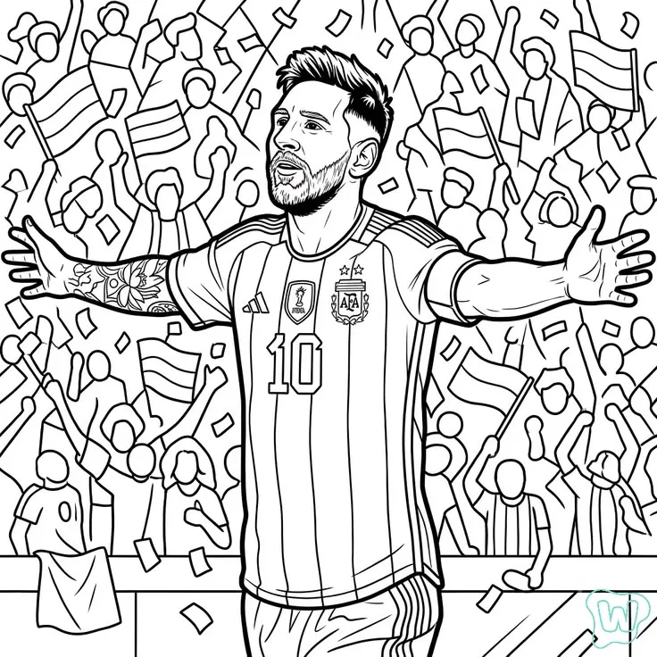 Ver dibujo completo de Messi Argentina con Afición para colorear Messi Argentina con Afición para colorear - Dibujo de Messi para imprimir gratis