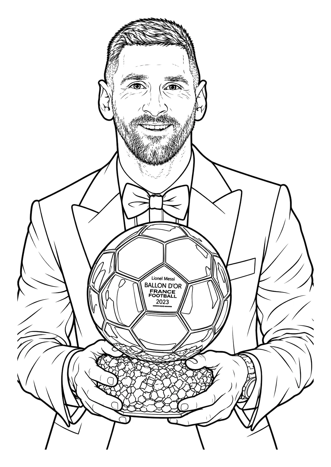 Messi con Esmoquin y el Balón de Oro 2023 para colorear e imprimir Messi con Esmoquin y el Balón de Oro 2023 para colorear: Messi aparece de medio cuerpo, sonriendo, con barba, el pelo corto y un esmoquin con pajarita