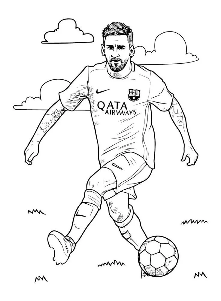 Ver dibujo completo de Messi Barcelona Qatar Airways para colorear Messi Barcelona Qatar Airways para colorear - Dibujo de Messi para imprimir gratis