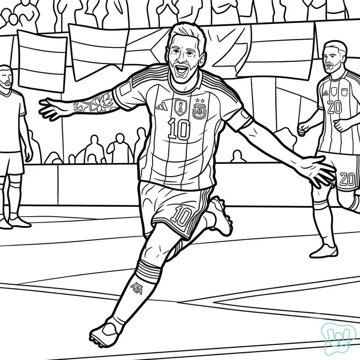 Ver dibujo completo de Messi Celebración Mundial para colorear Messi Celebración Mundial para colorear - Dibujo de Messi para imprimir gratis