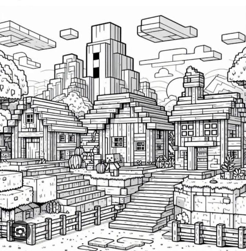 Aldea de Minecraft para colorear HD fácil y bonito - Descarga e imprime gratis - Dibujo exclusivo de Minecraft