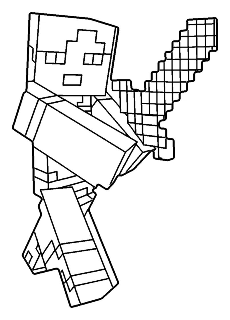 Alex de Minecraft Corriendo con Espada de Hierro para colorear e imprimir Alex de Minecraft Corriendo con Espada de Hierro para colorear: Alex de tres cuartos, avanzando con una pierna adelantada y el brazo cruzado delante del pecho, con una espada pixelada que asoma por detrás, en el lado derecho del…