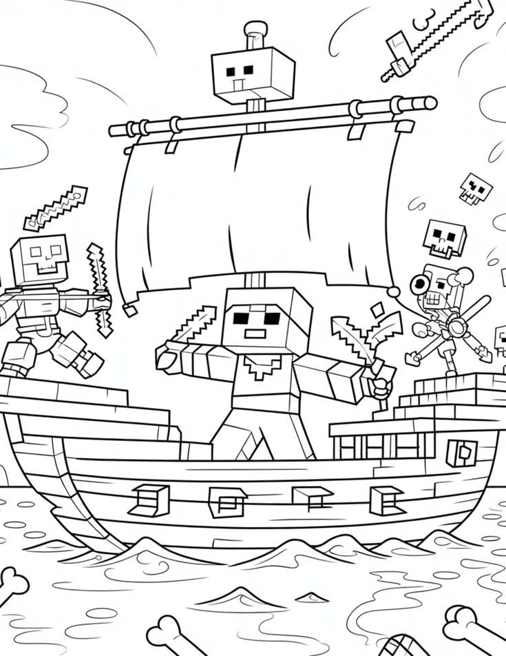 Barco de Minecraft para colorear HD fácil y bonito - Descarga e imprime gratis - Dibujo exclusivo de Minecraft