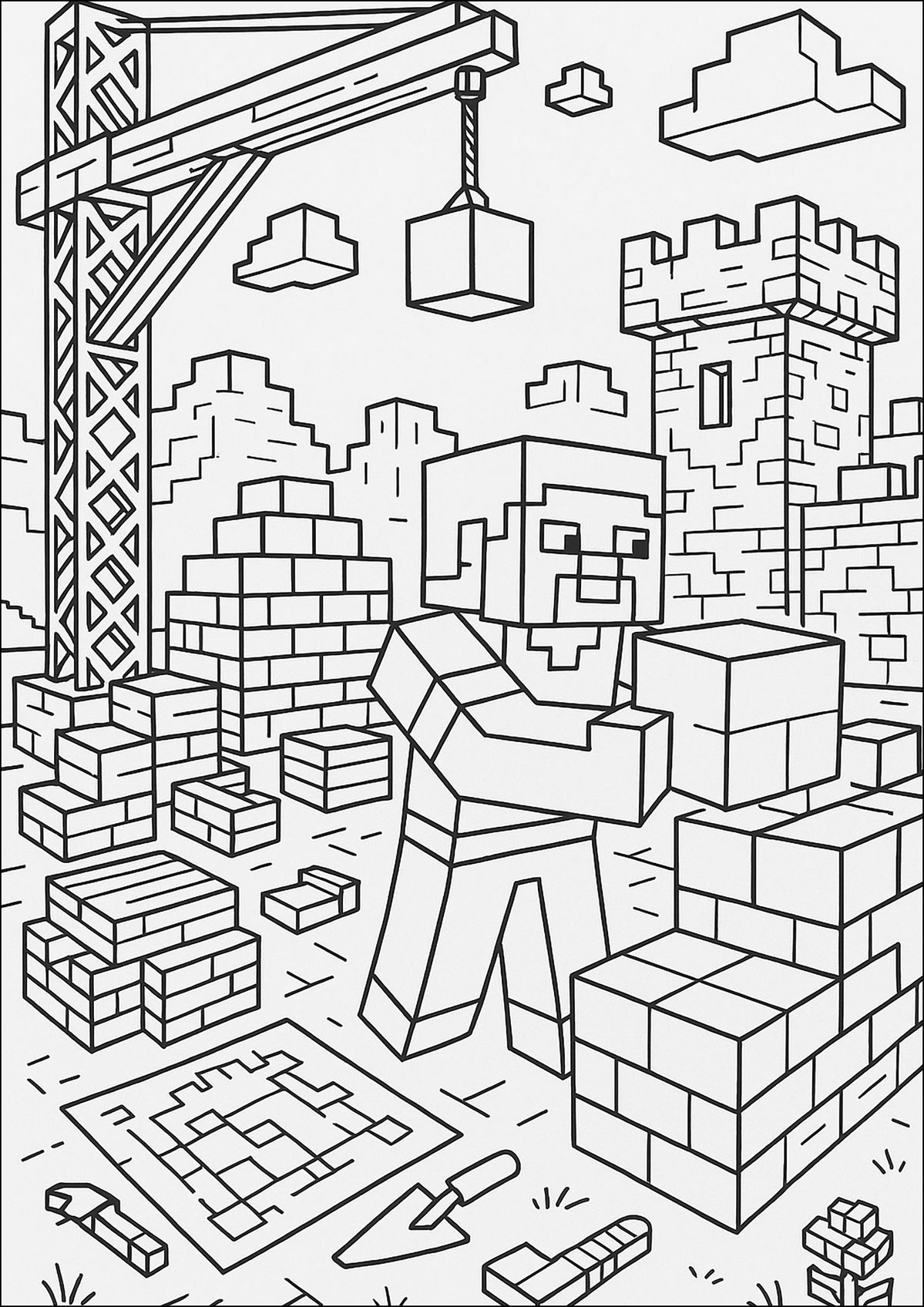 Construcción con Grúa para colorear HD fácil y bonito - Descarga e imprime gratis - Dibujo exclusivo de Minecraft