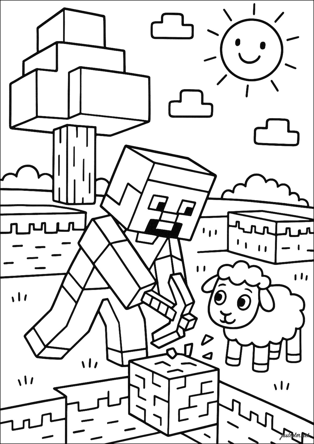 Construyendo en Minecraft para colorear HD fácil y bonito - Descarga e imprime gratis - Dibujo exclusivo de Minecraft