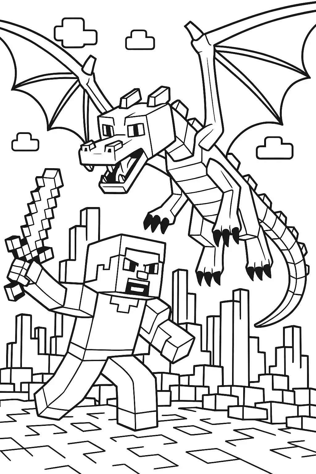 Luchando contra el Dragón del End para colorear HD fácil y bonito - Descarga e imprime gratis - Dibujo exclusivo de Minecraft