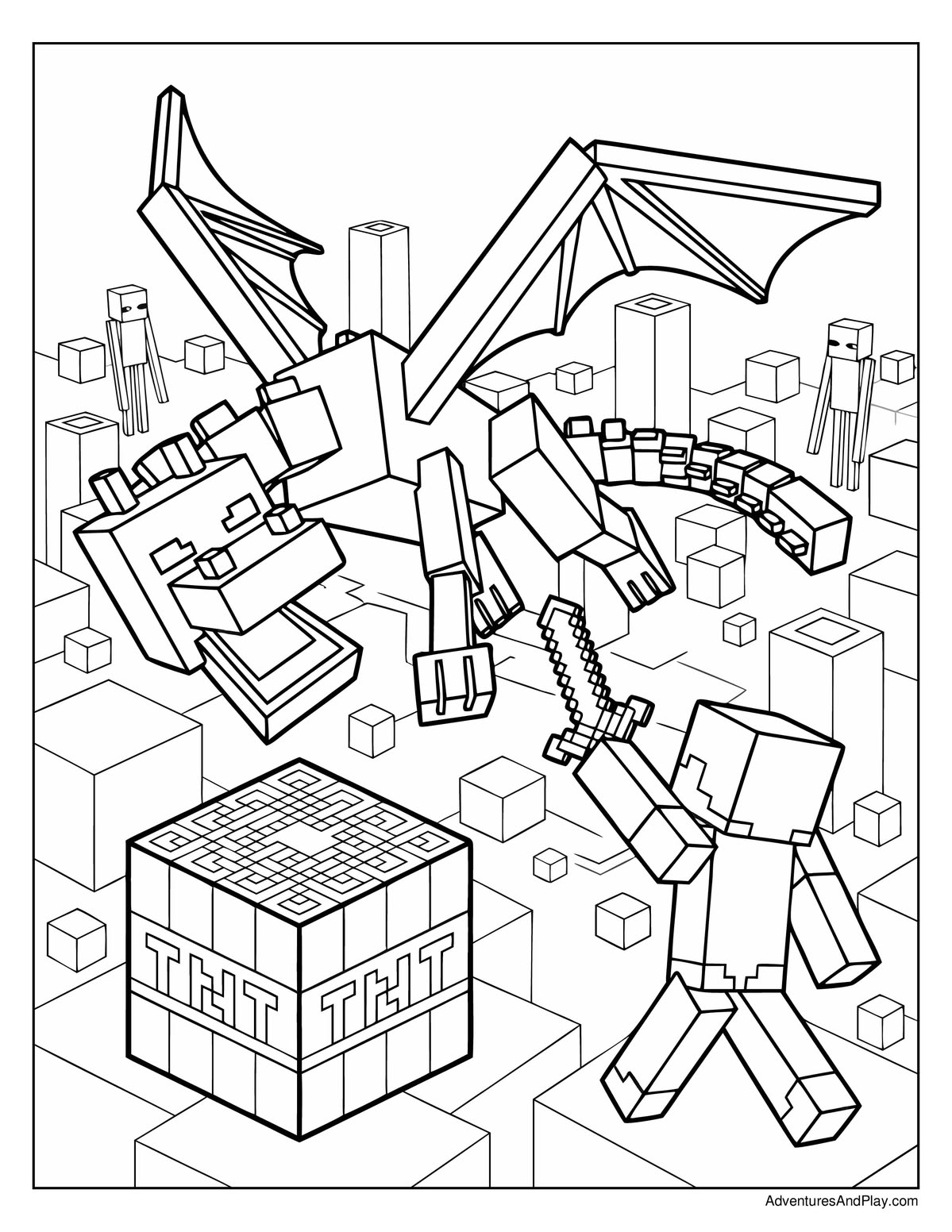 Dragón y TNT para colorear HD fácil y bonito - Descarga e imprime gratis - Dibujo exclusivo de Minecraft