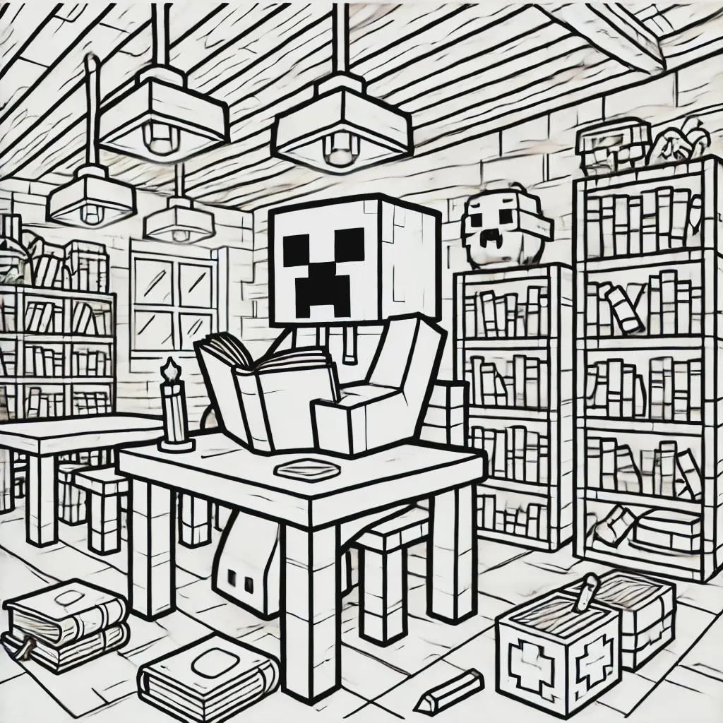 Librería Encantada para colorear HD fácil y bonito - Descarga e imprime gratis - Dibujo exclusivo de Minecraft