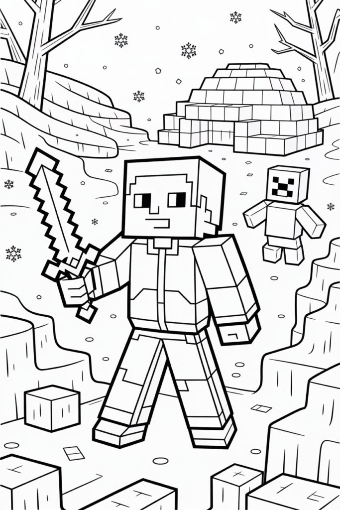 Bioma de Nieve para colorear HD fácil y bonito - Descarga e imprime gratis - Dibujo exclusivo de Minecraft