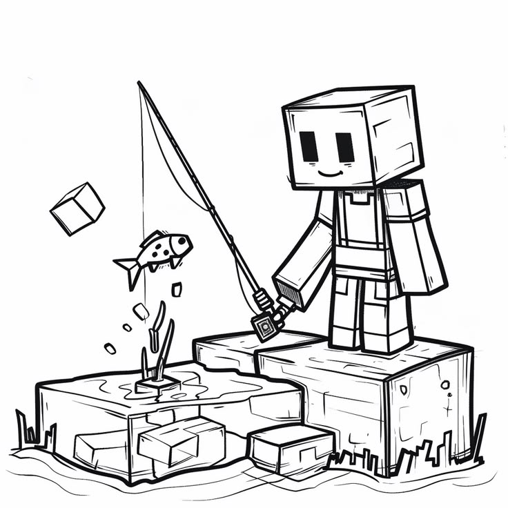 Pescando en Minecraft para colorear HD fácil y bonito - Descarga e imprime gratis - Dibujo exclusivo de Minecraft
